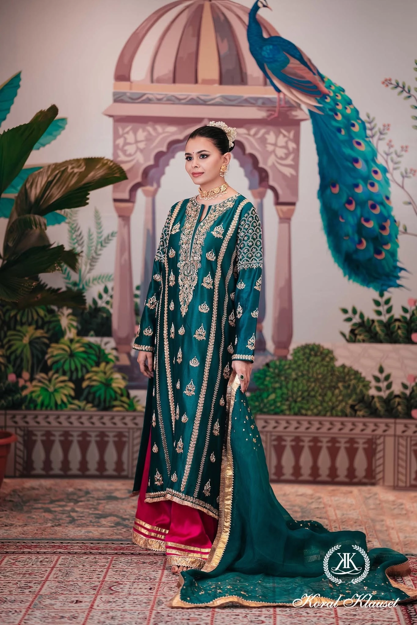 Teal Hand Embellished Long Kameez